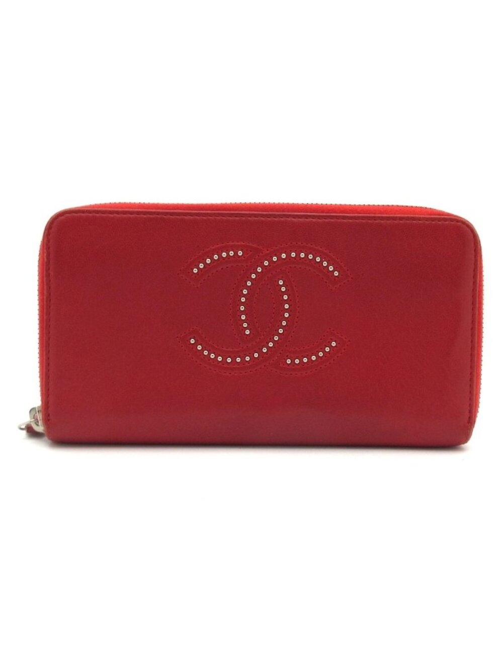 Chanel Wallet Red CC Logo Zip Around Studs Lambskin